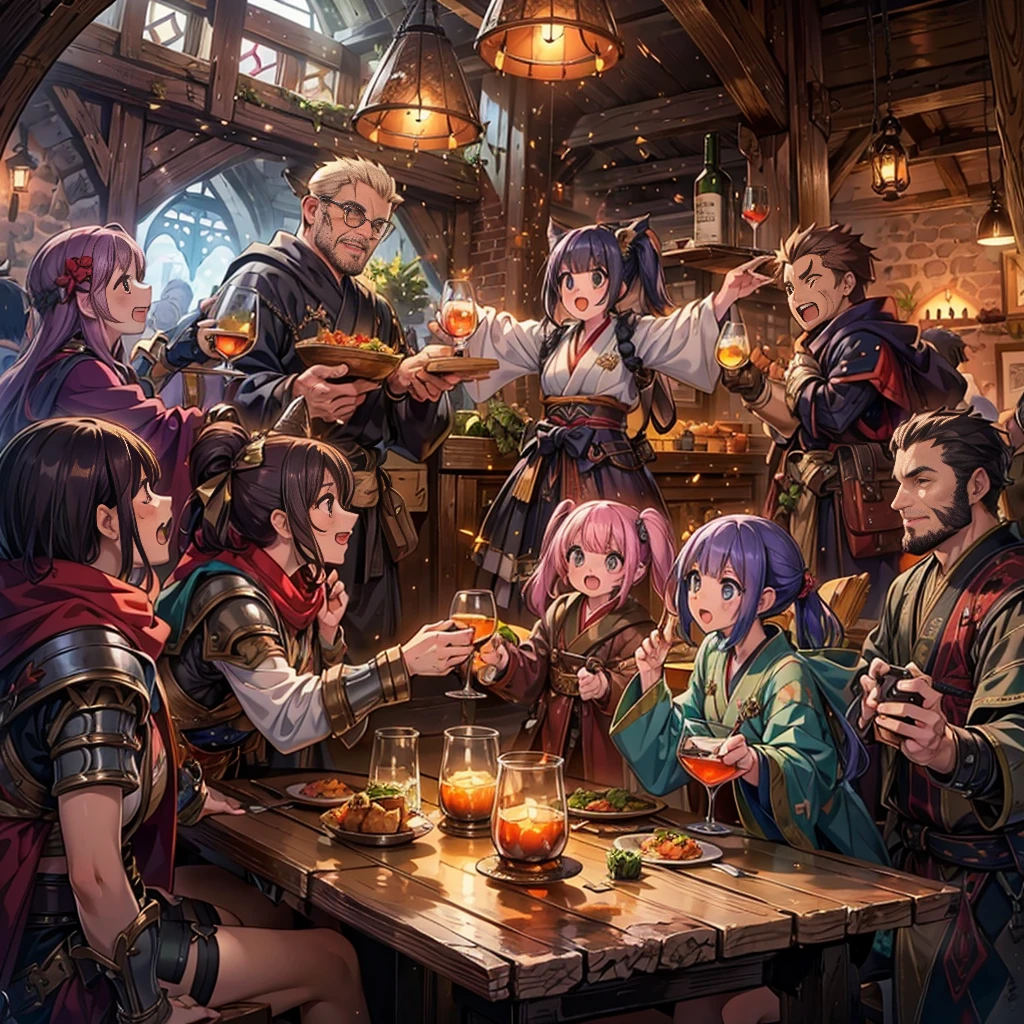 (masterpiece), best quality, ultra detailed, expressive eyes, perfect face,Fantasy art, a dozen people of different races toasting together in a medieval pub at night, Cheers with alcohol,reveling, happy, ecstasy, (exaggerated expressions:1.3), (exaggerated movements:1.5),Human,Elf,Dwarf,kemomimi, warrior, ranger, mage, archer, ninja, samurai, black hair, yellow hair, red hair, pink hair,purple hair, short hair, long hair, ponytail, twintails, (Lots of dishes on table:1.2) , (Large_meals on table:1.2), vivid color