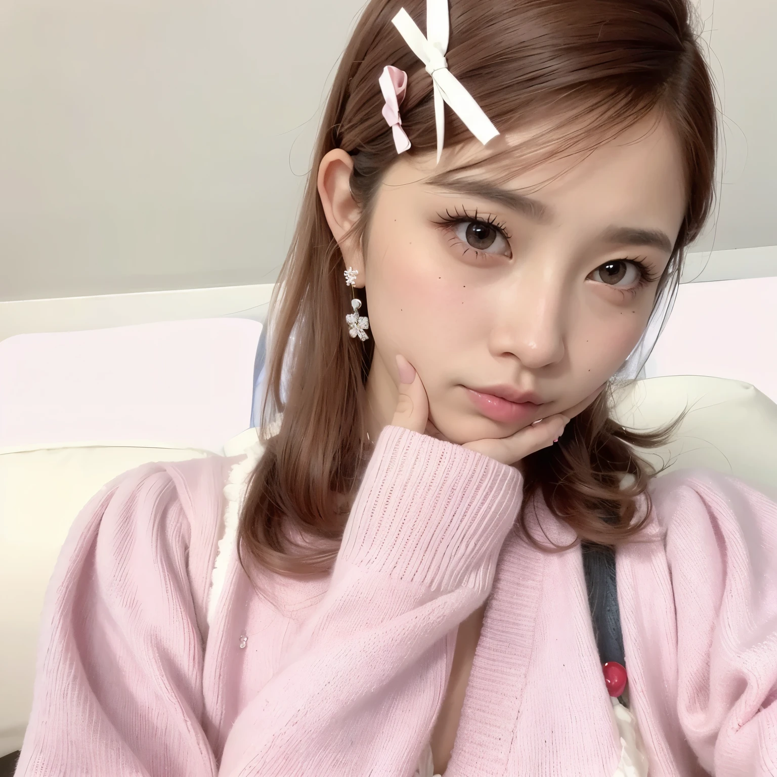 a closeup of a woman wearing a pink sweater and a bow, ulzzang, Chiho, Peinado twintails, El Corte Hime, Peinado kawaii, peinado de coletas, Sakimichan, Sha Xi, Peinado blanco de corte hime, Pelo rosa de cola doble y ojos cian, con cara linda - fina -, por Ayami Kojima, Sakimi Chan