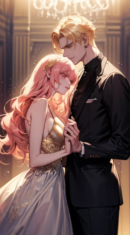 (((1male people:Piercing in the left ear,、((Golden hair))、tall、tall、Tall、a handsome、refreshing、burly)))、(((1female:Pink hair、Long、short、Best style、F-cup、See-through sexy dress、Beautuful Women)))、((((a couple))))、{(Best Quality, 8K, masutepiece, nffsw, Soft lighting, image perfect, Digital Illustration, manhwa art, super detailed image, Perfect lines, )}