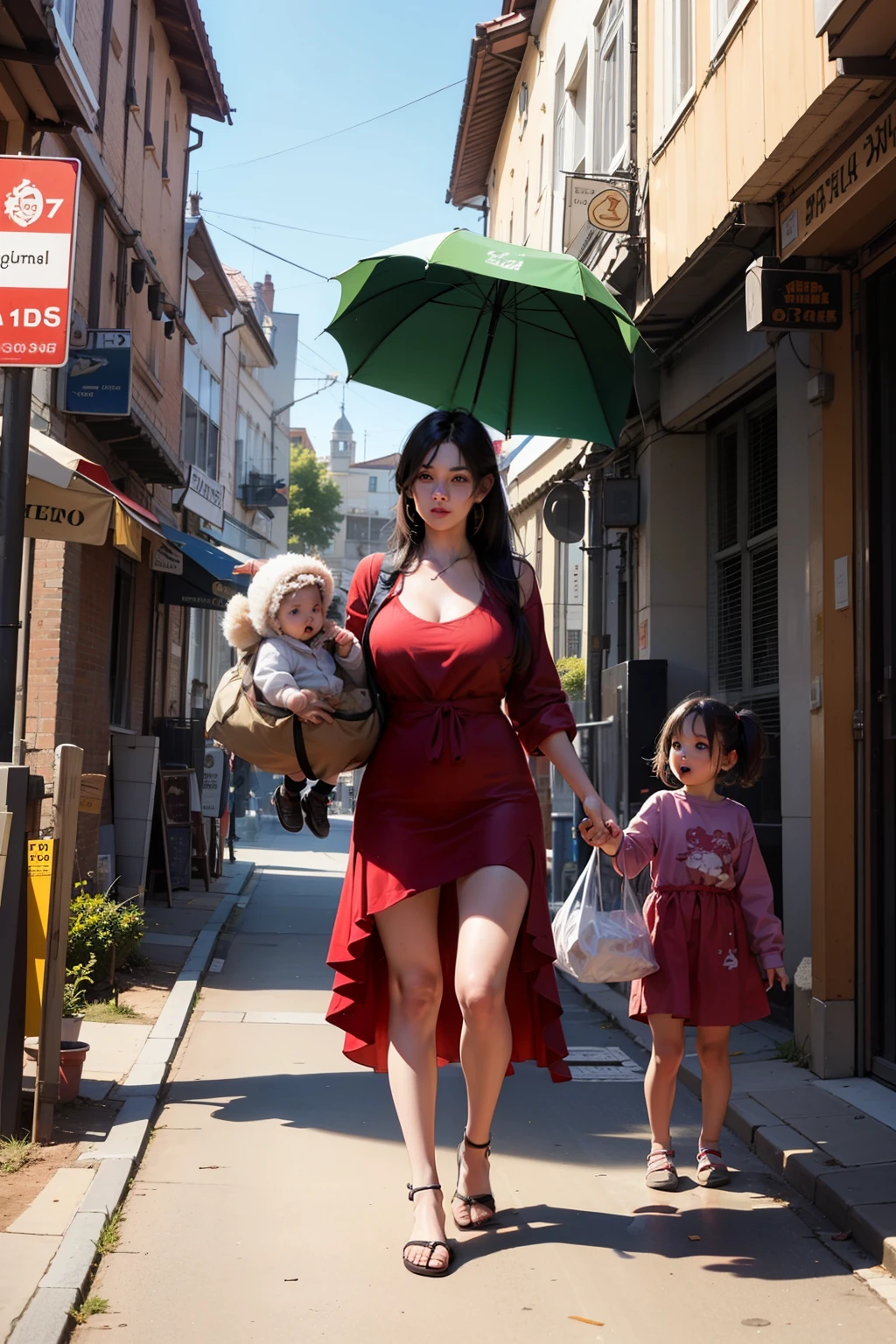 A beautiful female giant troll carries two original baby beings from different genres, very young, inside a bag on her back.