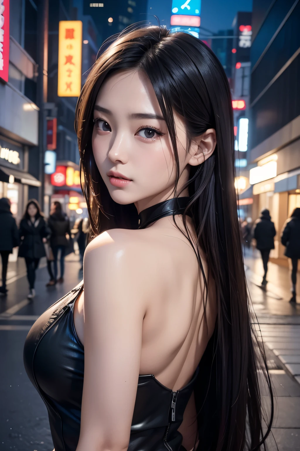 ​masterpiece, 1 beautiful girls, detaileds, Swollen eyes, top-quality, 超hight resolution, (现实: 1.4), OriginalPhotographs, 1girl in, 电影灯光, (A smile,:0.5) japanes, Asian Beauty, Korean, Proper, very extremely beautiful, Slightly younger face, Beautiful skins, slender, cyberpunk backgrouns, (A hyper-realistic), (illustratio), (hight resolution), (8K), (非常にdetaileds), (Beautifully detailed eyes with the best illustrations), (超detaileds), (wall-), (detaileds顔), looking at the viewers, 細かいdetaileds, detailedsな顔、deep-shadows、Unobtrusive、pureerosfaceace_v1、46 points with diagonal straight.　Galconnu Lookmaid,、Black colored eyes、