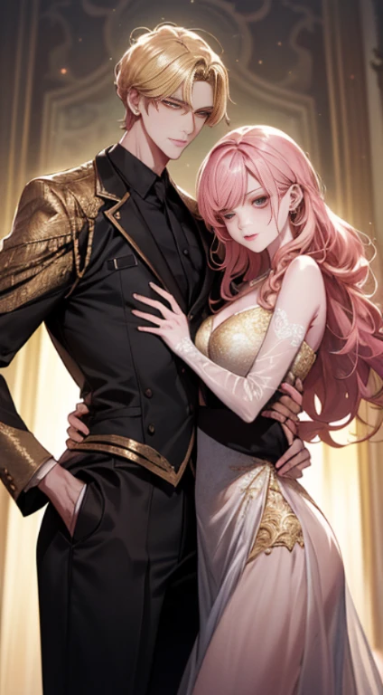 (((1male people：Piercing in the left ear,、((Golden hair))、tall、tall、Tall、a handsome、refreshing、burly)))、(((1female：Pink hair、Long、short、Best style、F-cup、See-through sexy dress、Beautuful Women)))、((((a couple))))、{(Best Quality, 8K, masutepiece, nffsw, Soft lighting, image perfect, Digital Illustration, manhwa art, super detailed image, Perfect lines, )}