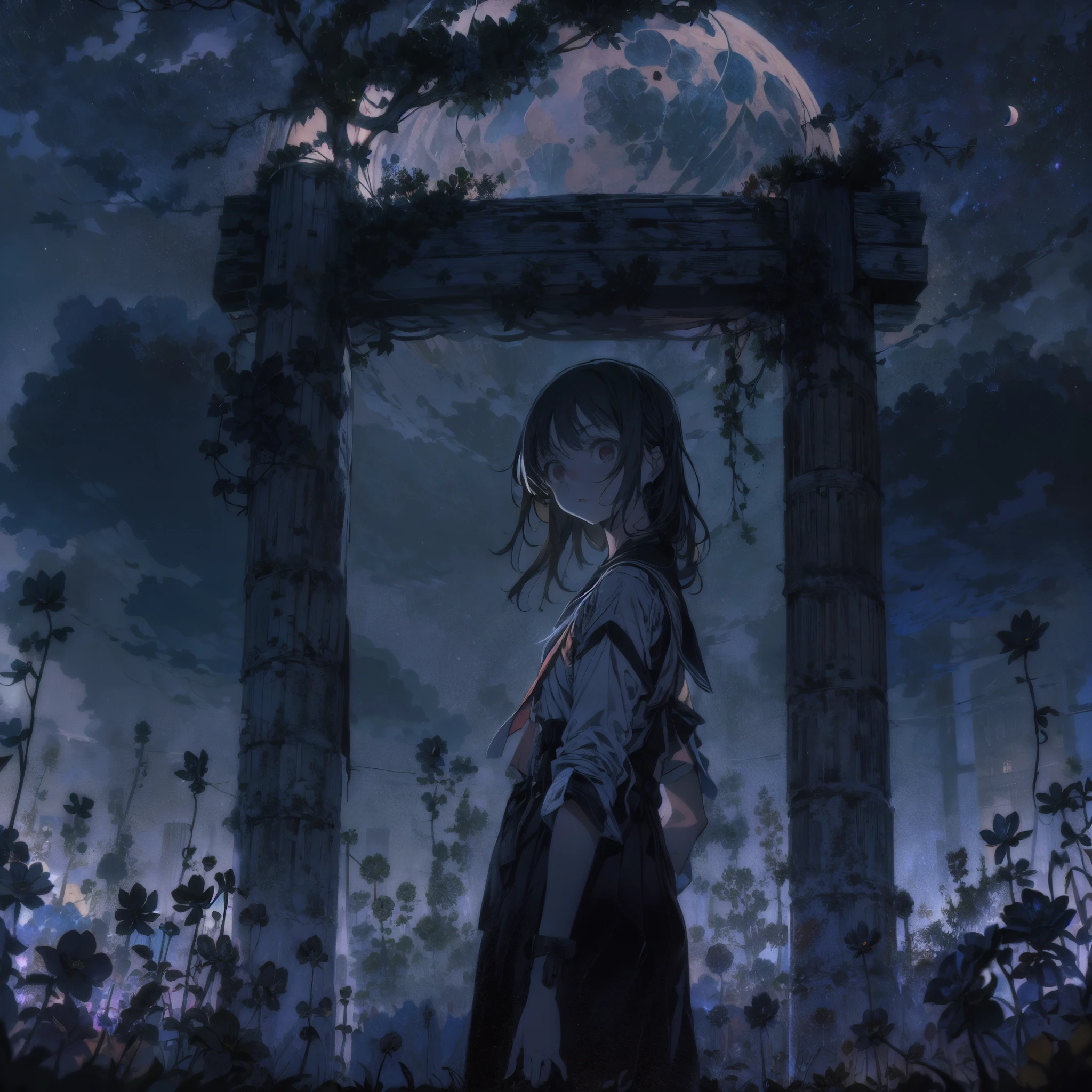 Create an image in the style of Kyle Thompson, featuring an anime-style girl character. She stands in an abandoned park filled with black roses, symbolizing death. The scene is illuminated by moonlight, which adds depth to the image. Use shallow focus to emphasize the girl and the immediate surroundings, while the background softly blurs. In the foreground, include the shadow of a cross, adding a dramatic and symbolic element to the scene. The contrast between the photorealistic Kyle Thompson style setting and the anime-style character should be striking, effectively synthesizing the differences in artistic mediums.