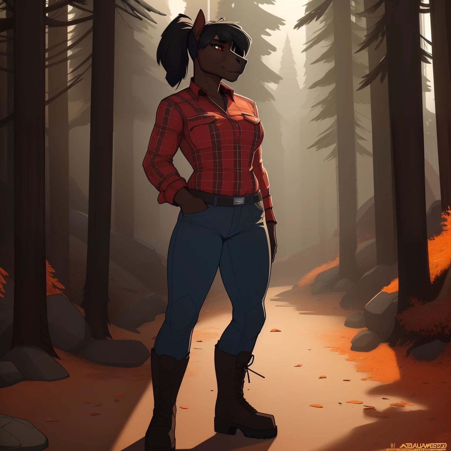 Broad_muscular_horse female solo black_hair ponytail dark_brown_furry_body amber_eyes Masterpiece best_quality absurdres highly_detailed mountain forest jeans boots flannel_shirt cleanly_drawn_eyes anthro_only by_claweddrip, by_greasymojo, by_underscore-b, by_runawaystride