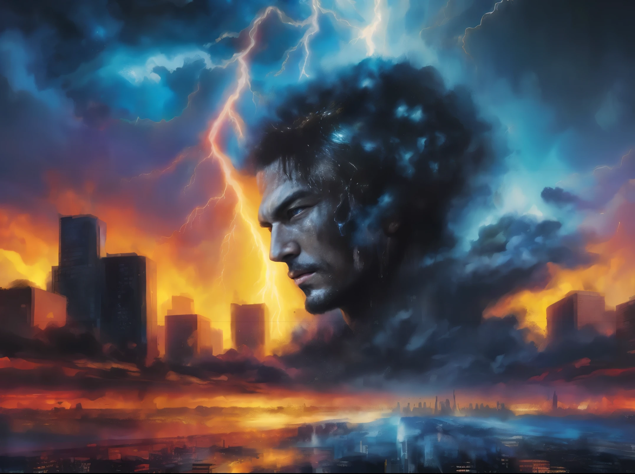 abstract face in a city landscape, photorealistic painting by Mark English , [:anime line art:0.2], celestial theme and &quot;Heat&quot; theme, thunder and water&quot;, epic splash art , auto-destructive art, , abstract