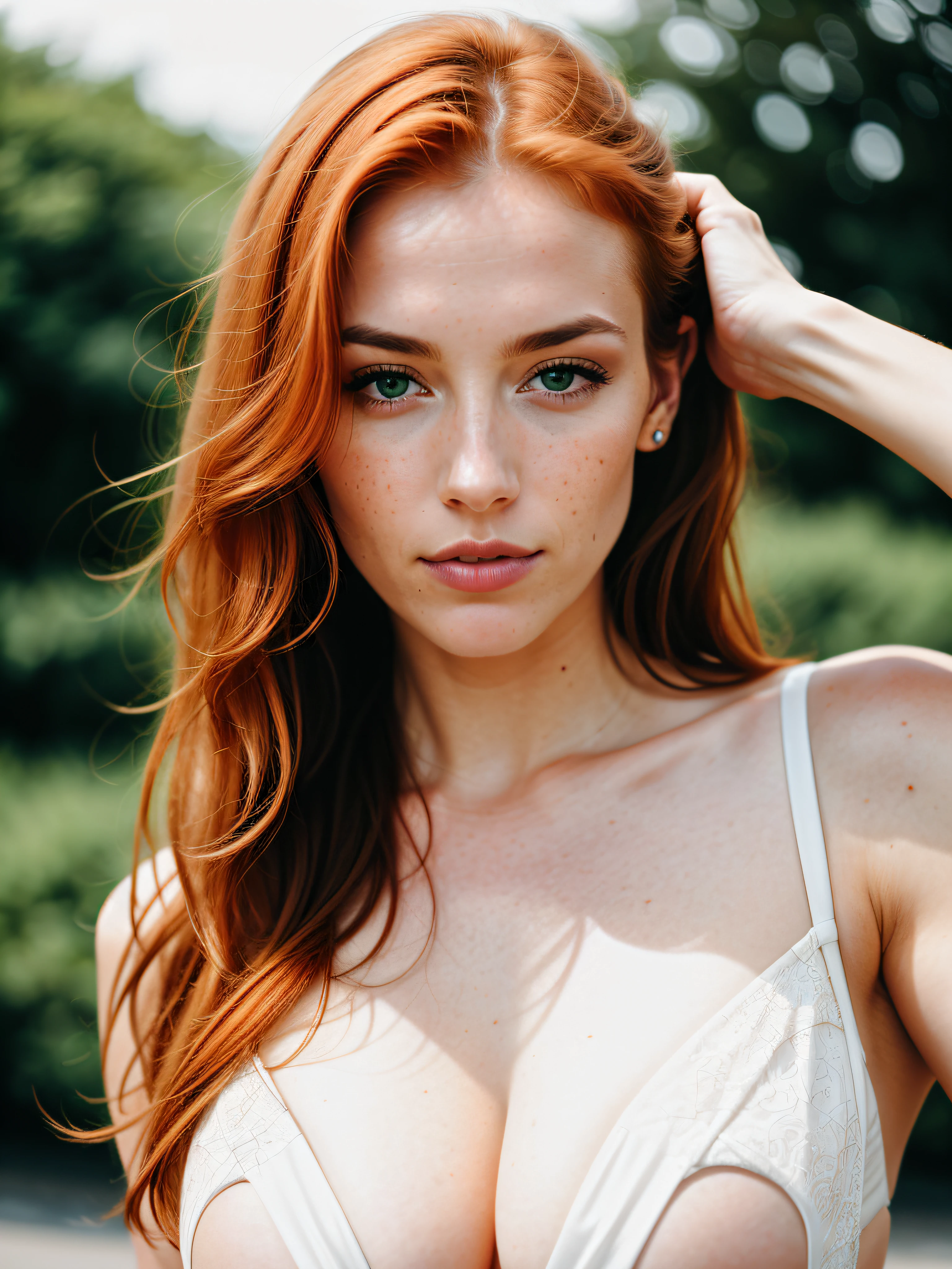 (editorial photo of 28 yo woman, ginger hair, slim American sweetheart), (freckles:0.8), (lips parted), (big boobs), realistic green eyes, POV, realistic[:, (film grain, 25mm, f/1.2, dof, bokeh, beautiful symmetrical face, natural light on face and body, realistic face, natural face detail, perfect sparkling eyes, well defined pupils, high contrast eyes, long hair, ultra detailed skin, skin pores, fabric stitching, fabric texture, wood grain, stone texture, finely detailed features:1):0.9] , Masterpiece, (texture de la peau:1.1), Best quality,ultra detailed,ultra highres, raw photo, 8K UHD, Nikon D850, backlight, rimlight, sun light, grain du film:1.2, (teinte chaude, ton chaud:1.2), (photo couleur), with sport car, natural light on car