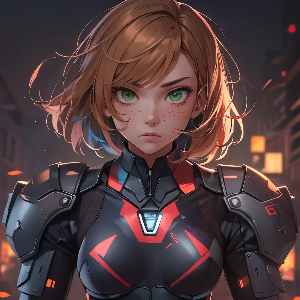 (masterpiece), 8k cg, stunningly beautiful girl, intricate details, chromatic aberration, ((bust shot)), ((looking at viewer)), 1girl, (fluffy brown short hair, tomboy, green eyes, streaked hair, red hair streaks, freckles, zero suit samus suit, flight suit), extremely beautiful and delicate portrait, 16 year old, frown, blush, makeup, absurdres, cinematic lighting, dynamic lighting, fantasy, ((dark background, fog))