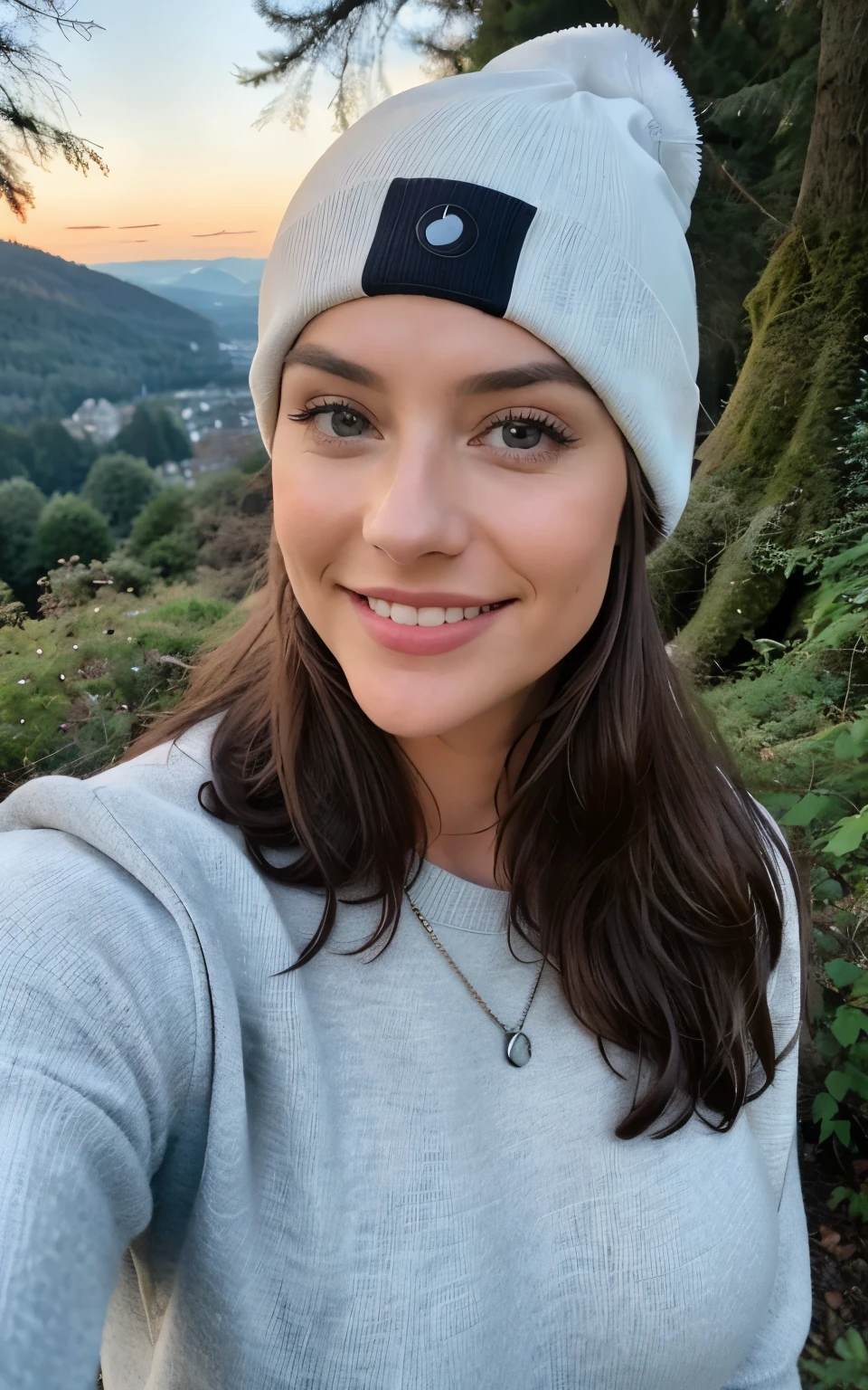 fotorealistisch, best quality, Hyper detailliert, gorgeous woman, Selfie-Foto, upper body, nur, Pullover tragen, al fresco, (Nacht), Berglandschaft, Die Natur des wirklichen Lebens, Sterne, Mond, (Outstanding smile、Ein dunkelhaariger、sechzehn Jahre alt、heiter, happy), Beanie, Taschenlampen, Wald, Boulders, Fluss, Holz, Rauch, Zahn, Kristallklarer Himmel, Analoger Stil, Blick auf den Betrachter, Hautstruktur, Filmkorn, close up, 超A high resolution, Bester Schatten, .RAW, instagram LUT