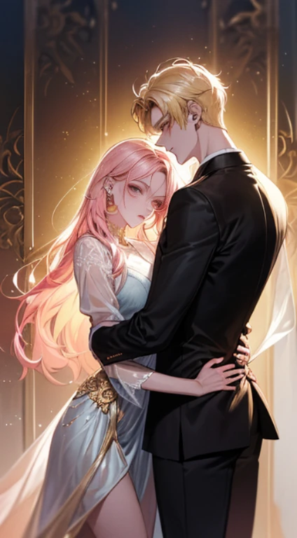 (((1male people:Piercing in the left ear,、((Golden hair))、tall、tall、Tall、a handsome、refreshing、burly)))、(((1female:Pink hair、Long、short、Best style、F-cup、See-through sexy dress、Beautuful Women)))、((((a couple、Flirting))))、{(Best Quality, 8K, masutepiece, nffsw, Soft lighting, image perfect, Digital Illustration, manhwa art, super detailed image, Perfect lines, )}