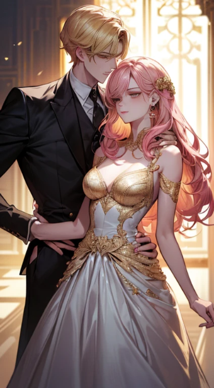 (((1male people:Piercing in the left ear,、((Golden hair))、tall、tall、Tall、a handsome、refreshing、burly)))、(((1female:Pink hair、Long、short、Best style、F-cup、See-through sexy dress、Beautuful Women)))、((((a couple、Flirting))))、{(Best Quality, 8K, masutepiece, nffsw, Soft lighting, image perfect, Digital Illustration, manhwa art, super detailed image, Perfect lines, )}