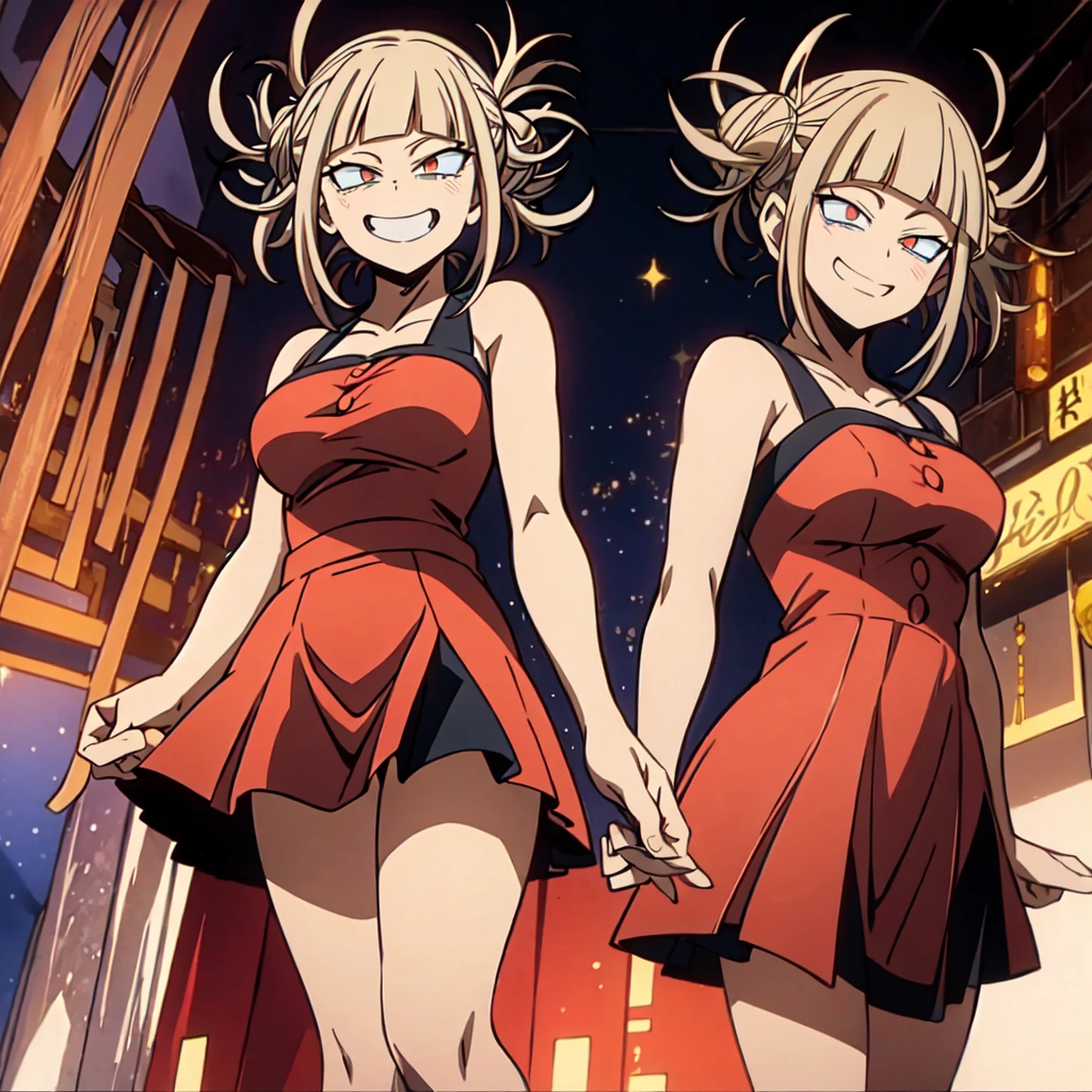 toga himiko,my hero academia,Toga Himiko,My Hero Academia,(christmas style dress),(short dress),(shoulders showing),(red dress),(sexy dress),(anime girl),(beautiful girl),(full body),(beauty divine),(Yellow eyes),(cat pupils), (smiling with the rest red),(Correction of errors in the eyes),(correction of the nose),(correction of errors in the mouth),(Increased image resolution),(image enhancement)(1anime),(1manga),