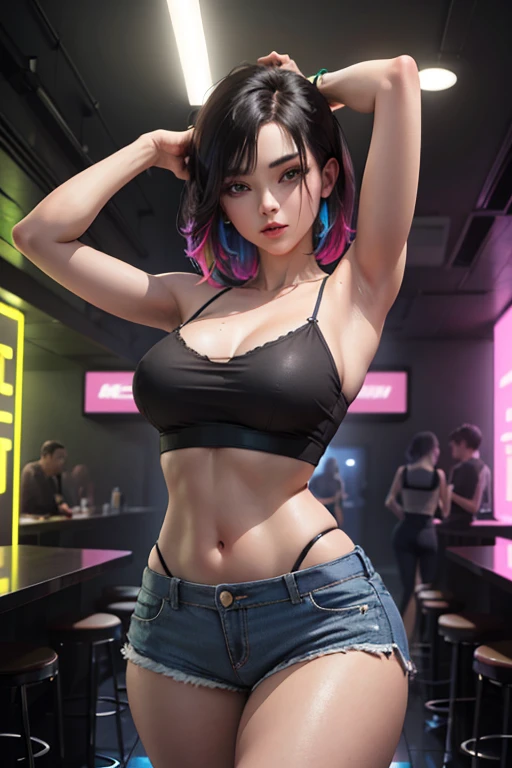 (1girl), ((bralette crop top, short shorts:1.3)), ((medium Breasts, rounded breasts:1.3)), ((accentuated breast, large pelvic, wide hip, midriff, narrow waist, curvy waist:1.2)), ((slim, skinny waist:1.4)), modern hairstyle, colour streaked hair, highlights, seductress, tempting, smug face, ((sexy poses:1.3)), ((wide hips, groin)), ((huge pelvic)),
masterpiece, best quality, realistic, ultra highres, depth of field, (full dual colour neon lighting:1.2), (detailed face:1.2), (detailed eyes:1.2), (detailed background:1.2), (night club:1.2) (masterpiece:1.2), (ultra detailed), (best quality), intricate, comprehensive cinematic, magical photography, (gradients), colorful, detailed landscape, visual key, shiny skin,