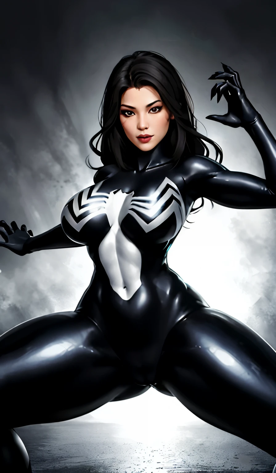 4K,realisticlying,Glamorous,The very detailed,There a girl in Dingcheng,Wearing a black Spider-Man costume,(Black and white:1.4) the night,symbiote,venomize,a large amount of mucus,she a spiderman,Black superhero theme,In front of the sky,Flushed complexion,( Open legs, camel-toe,, Vulvar shape:1.3),(GGCameltoe:1.3)Legs apart,25 age old,full bodyesbian