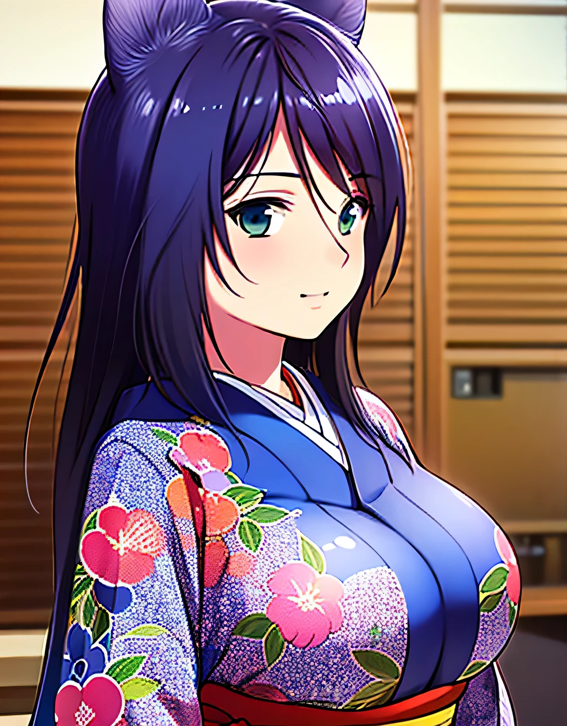 Satsuki,blush,Kimono,Animal ears, lightsmile,Obi,komono,Indoor room,(Large breasts:1.5),Looking at Viewer,((masutepiece)),((Best Quality)),Perfect Anatomy,8K UHD,extra detailed face,gloss and shiny,((1girl in)),((Solo)),(Beautiful detailed eyes:1.5),image perfect,arms behind back,Slim waist,Shiny hair,