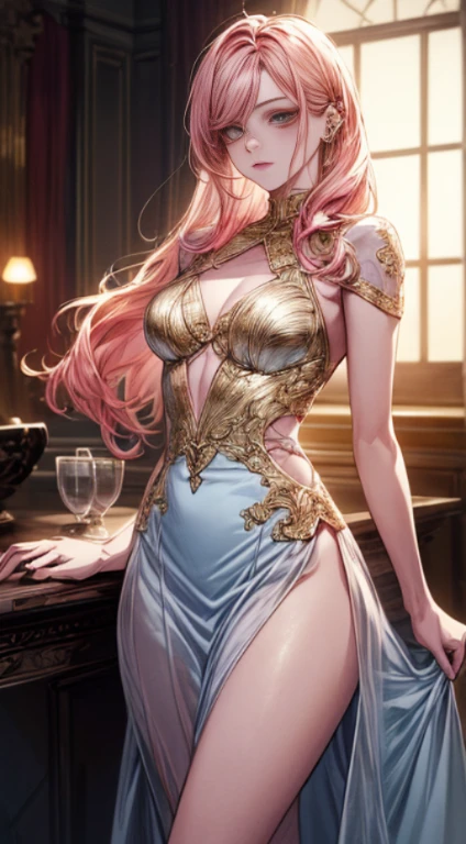 (((1male people：Piercing in the left ear,、((Golden hair))、tall、tall、Tall、a handsome、refreshing、burly)))、(((1female：Pink hair、Long、short、Best style、F-cup、see-through sexy dress、Beautuful Women)))、((((a couple、Flirting))))、{(Best Quality, 8K, masutepiece, nffsw, Soft lighting, image perfect, Digital Illustration, manhwa art, super detailed image, Perfect lines, )}