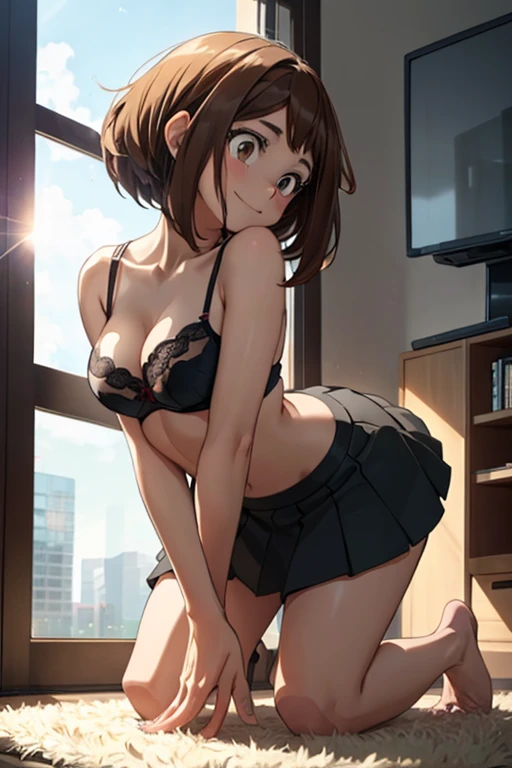 [ochako uraraka], [Boku no hero academia], ((masterpiece)), ((HD)), ((high quality)), ((solo portrait)), ((side view)), ((anime)), ((Kohei Horikoshi)), ((detailed shading)), ((cel shading)), ((intricate details)), {ochako, (rosy cheeks), big round brown eyes, short brown hair, short eyelashes, large boobs, (gorgeous hipeautiful legeautiful feet), (cute smile)}, {(white bra), (black mini-skirt)}, {(on rug), (on knees), {(on all fours, elbows resting on rugm back arched, body tilted downwards, butt poking over head)}, (looking at viewer)}, [Background; (living room), (window), (blue sky), (sun rays)]