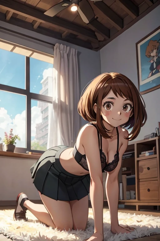 [ochako uraraka], [Boku no hero academia], ((masterpiece)), ((HD)), ((high quality)), ((solo portrait)), ((side view)), ((anime)), ((Kohei Horikoshi)), ((detailed shading)), ((cel shading)), ((intricate details)), {ochako, (rosy cheeks), big round brown eyes, short brown hair, short eyelashes, large boobs, (gorgeous hipeautiful legeautiful feet), (cute smile)}, {(white bra), (black mini-skirt)}, {(on rug), (on knees), {(on all fours, elbows resting on rugm back arched, body tilted downwards, butt poking over head)}, (looking at viewer)}, [Background; (living room), (window), (blue sky), (sun rays)]