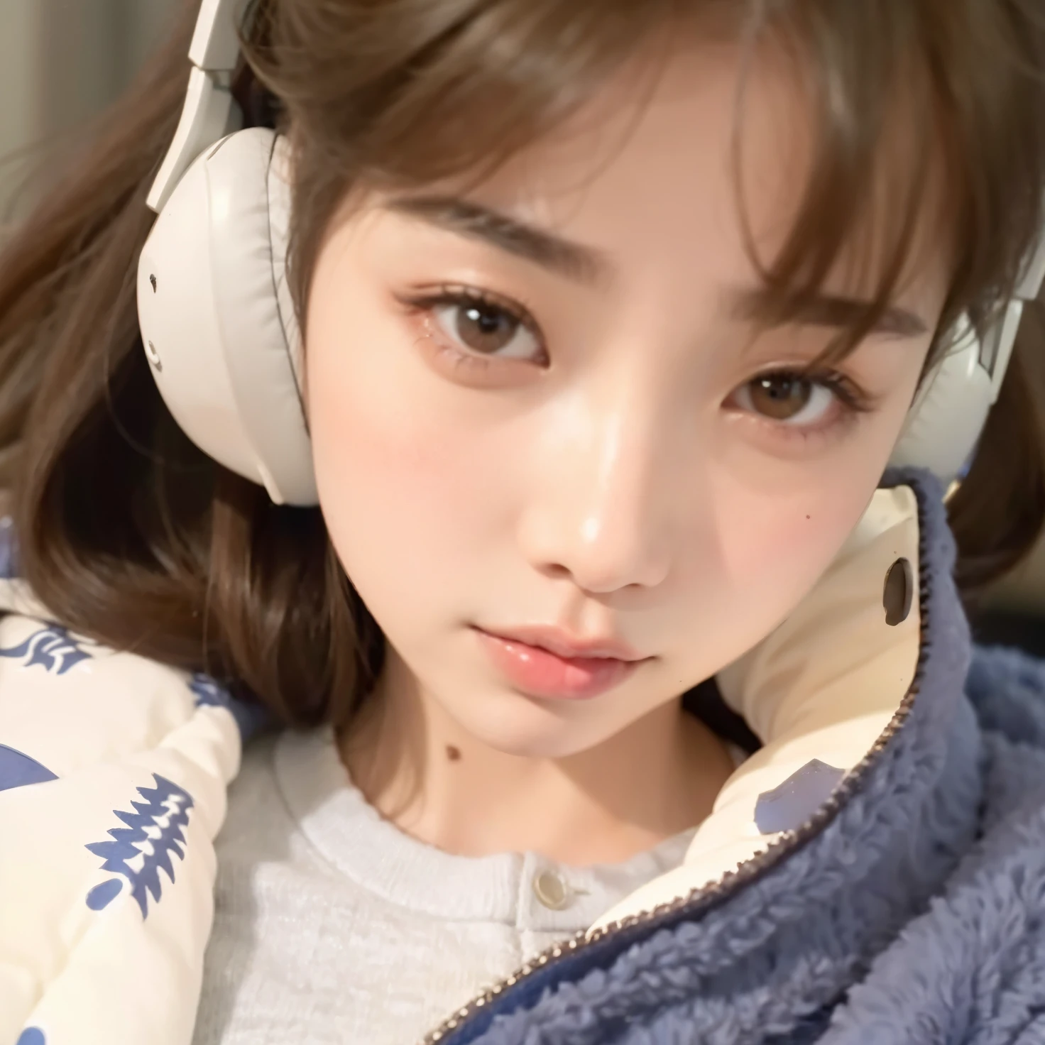 a close-up of a girl with headphones and a jacket, Lalisa Manobal, Sun Yunjoo, ulzzang, Jaeyeon Nam, Chiho, Jinyoung Shin, Lalisa Manoban de Blackpink, Heonhwa Choe, Joven y adorable rostro coreano, 8k selfie photograph, Sakimichan, Parque Ji-min, sin maquillaje, labios carnosos