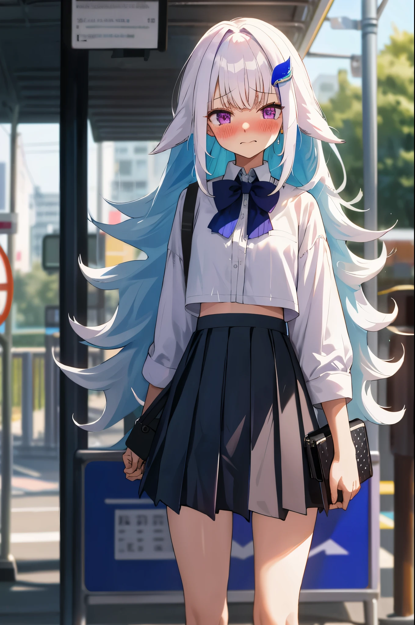 One girl with long wavy hair, white hair, blue inner hair, purple eyes, looking at viewer, embarrassed, blushing, tears, outdoor , road, bus stop, busway, white shirts, bow tie, pleated skirt , black skirt, mini skirt, midriff, thigh, perfect waist, noon atmosphere, hair ornament, standing, (embarrassed:1.0)