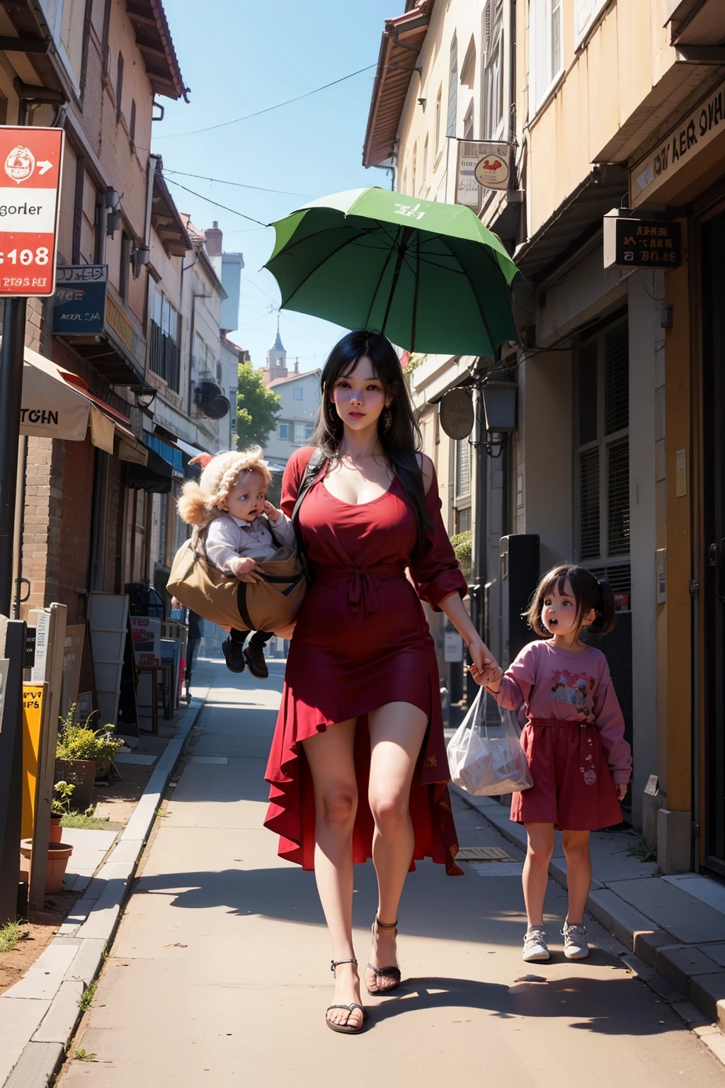 Woman in red dress walking down a street with a green umbrella - SeaArt AI