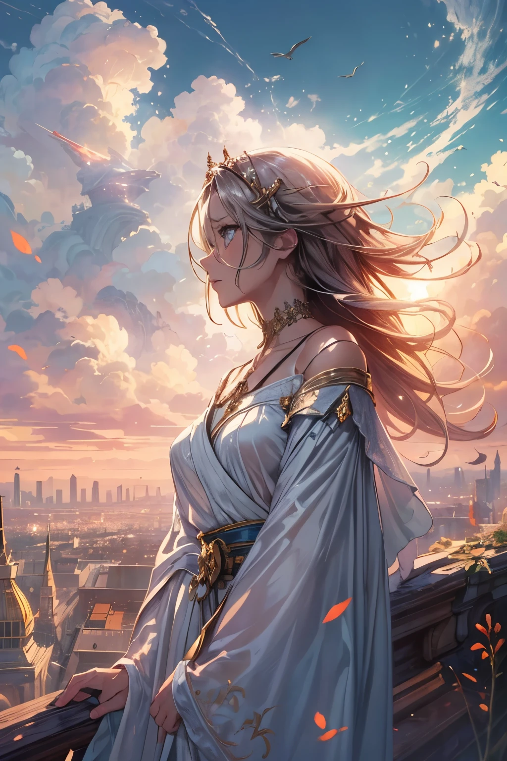 (masterpiece:1.1), best quality, (ultra detailed:1.3), Sorcerer, woman, from side, from below, beautiful face and eyes, dishevled hair, Waiting and watching, fantasy world, robe blanche, beautiful sky and clouds, Distant city, warm lighting,