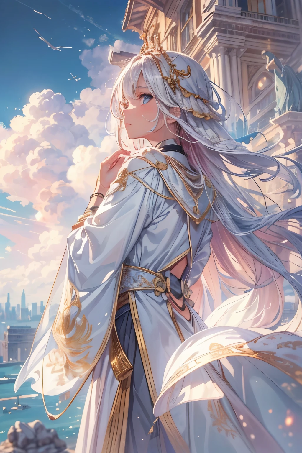 (masterpiece:1.1), best quality, (ultra detailed:1.3), Sorcerer, woman, from side, from below, beautiful face and eyes, dishevled hair, Waiting and watching, fantasy world, robe blanche, beautiful sky and clouds, Distant city, warm lighting,