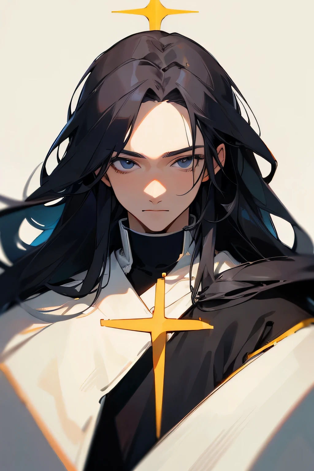 (man, priest, long hair) priest clothing, ultra-detailed,masterpiece:1.2,highres, looking toward, male character, portrait, facing camera