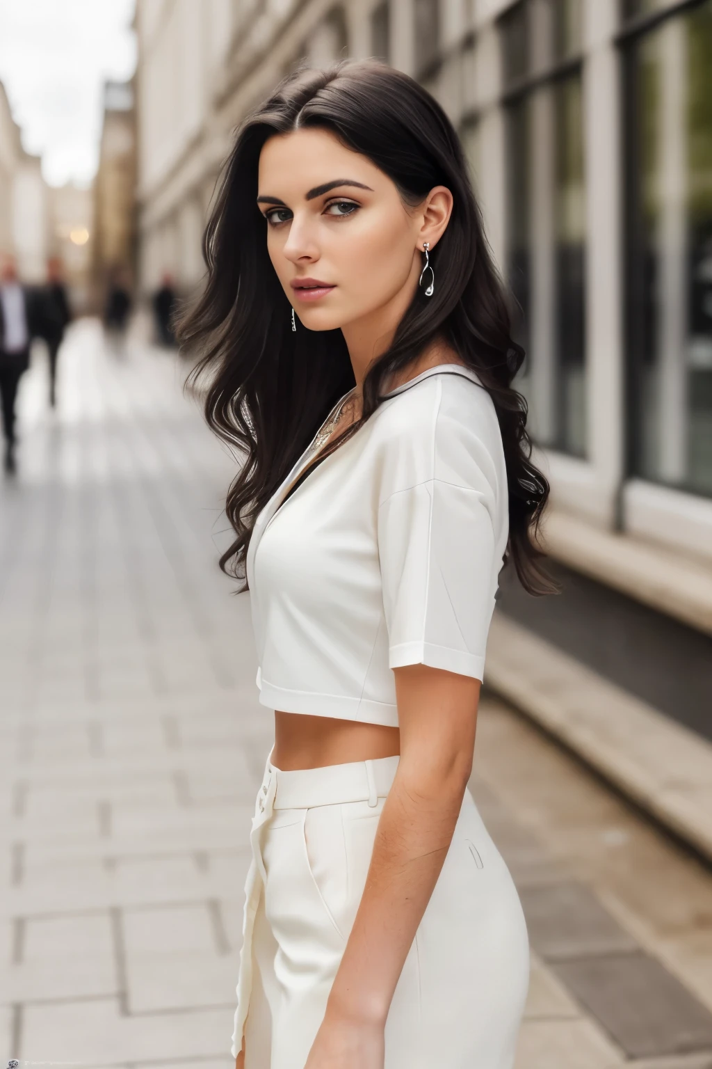 Wavy dark hair, (RAW photo, realism: 1.8), elegant and beautiful business woman on a walkway in london, pale white skin, looking away, wearing black, dark black eye shadow, high quality, high resolution, depth of field, chromatic aberration, caustic, wide light, natural colors,21 year old woman), silver necklace, earrings, beautiful skin,  line, best quality, realist photography for a magazine