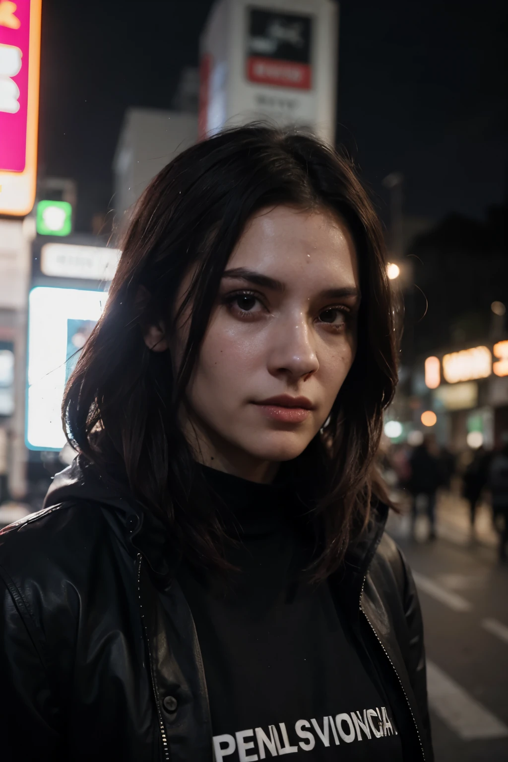 Crie um avatar modelo cyberpunk olhando para o lado na neve a noite, cor caucasiano com barba media, com casaco verdo neon e preto, alta qualidade