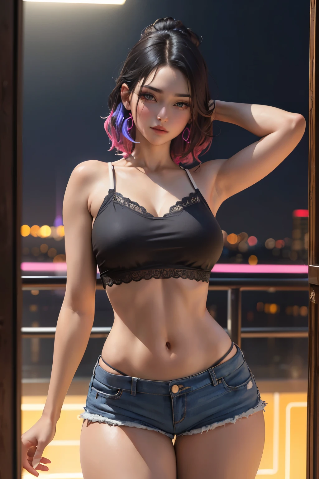 (1girl), ((bralette crop top, short shorts:1.3)), ((medium Breasts, rounded breasts:1.3)), ((accentuated breast, large pelvic, wide hip, midriff, narrow waist, curvy waist:1.2)), ((slim, skinny waist:1.4)), modern hairstyle, colour streaked hair, highlights, seductress, tempting, smug face, ((sexy poses:1.3)), ((wide hips, groin)), ((huge pelvic)),
masterpiece, best quality, realistic, ultra highres, depth of field, (full dual colour neon lighting:1.2), (detailed face:1.2), (detailed eyes:1.2), (detailed background:1.2), (night club:1.2) (masterpiece:1.2), (ultra detailed), (best quality), intricate, comprehensive cinematic, magical photography, (gradients), colorful, detailed landscape, visual key, shiny skin,