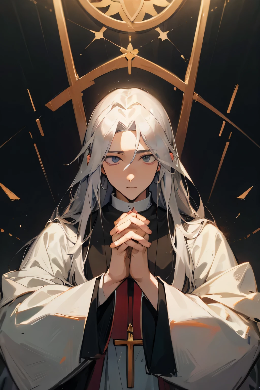 (man, priest, long hair) priest clothing, ultra-detailed,masterpiece:1.2,highres, looking toward, male character, portrait, facing camera, character praying
