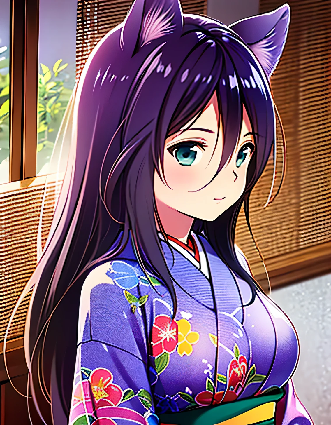 Satsuki,blush,Kimono,Animal ears, lightsmile,Obi,komono,Indoor room,(Large breasts:1.5),Looking at Viewer,(((masutepiece))),((Best Quality)),Perfect Anatomy,8K UHD,extra detailed face,gloss and shiny,((1girl in)),((Solo)),(Beautiful detailed eyes:1.5),image perfect,(Upper body:1.1),(Look at the front:1.1),Arms behind,Slim waist,Shiny hair,Standing