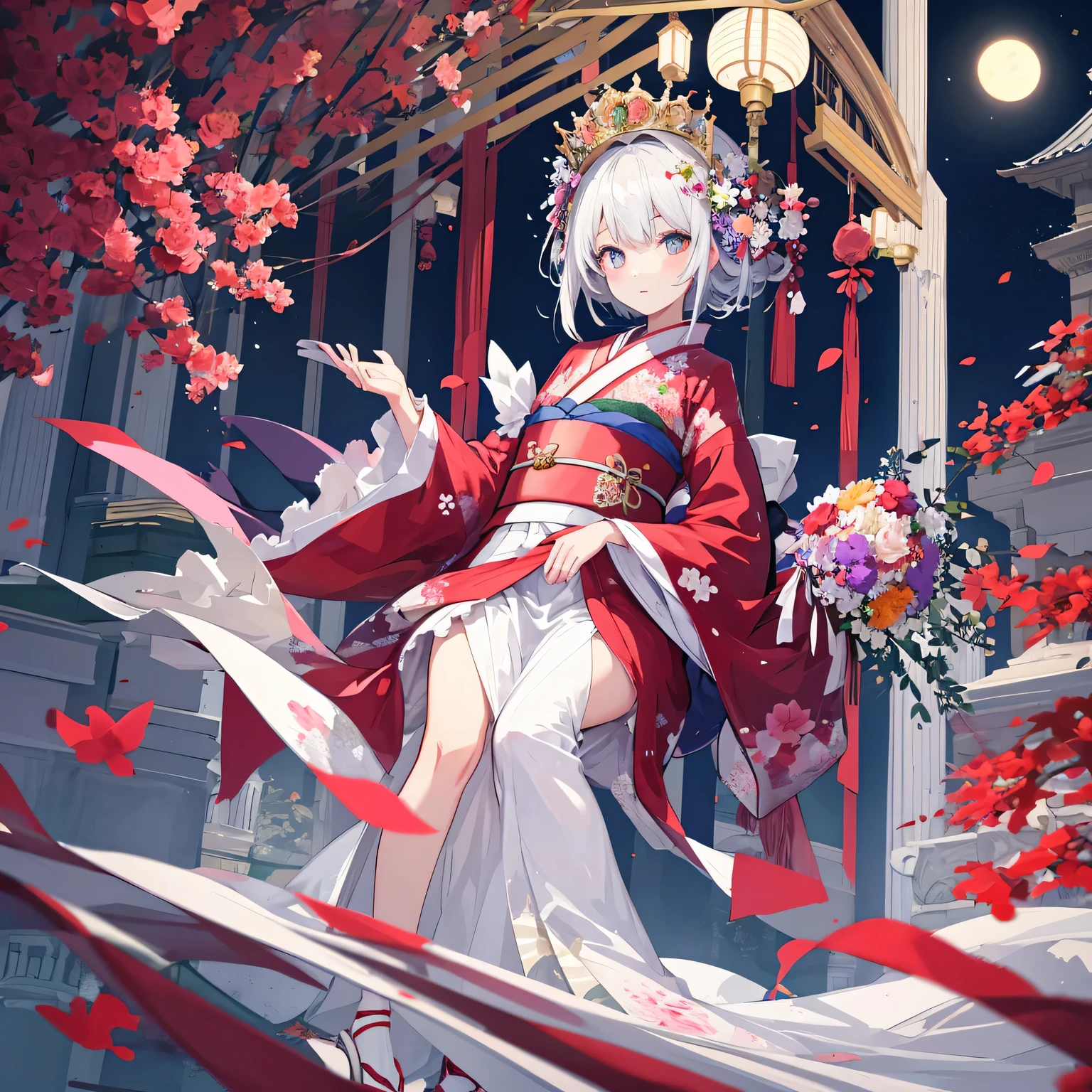 Woman in kimono holding bouquet of flowers in palace at night