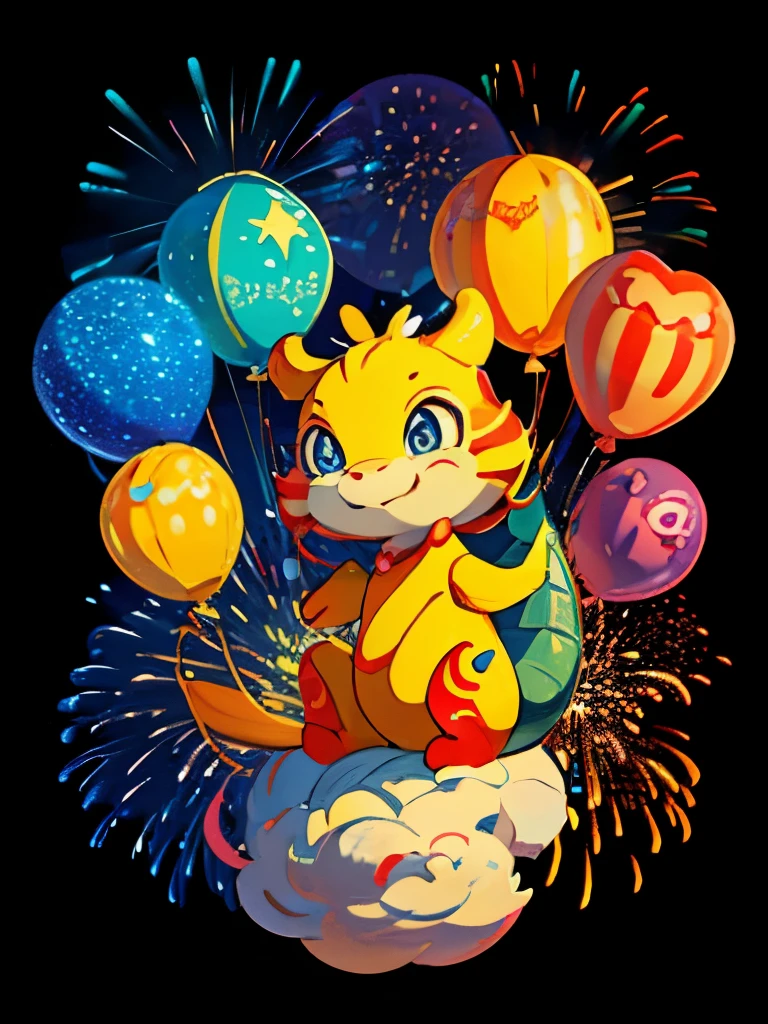 3D cartoon.Cartoon characters. A very cute dragon is watching beautiful and colorful fireworks in the Dreamland. Colorful Balloons and fireworks in the sky. Colorful, Pixar, Miracle moment, blue and yellow tone