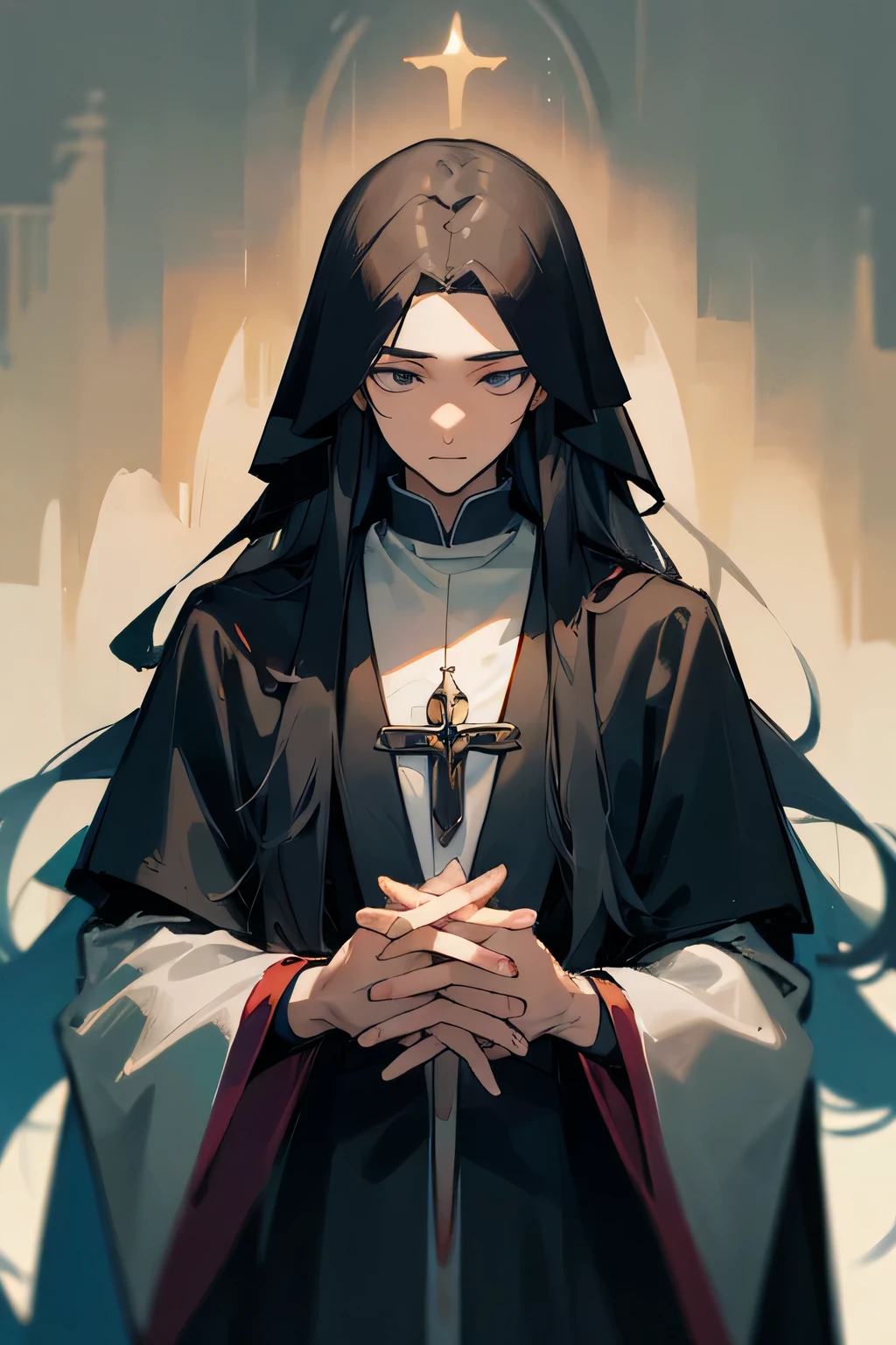 (man, priest, long hair) priest clothing, ultra-detailed,masterpiece:1.2,highres, looking toward, male character, portrait, facing camera, character praying