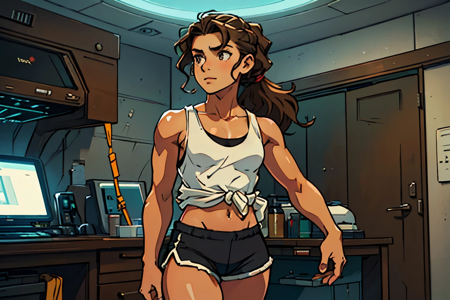 (Caucasian ager), 18 years old, hazel eyes, (wavy brown hair), (hair tied back), medium hair, small breasts. She wears a white tank top and black shorts, solo, (in futuristic room), (day)