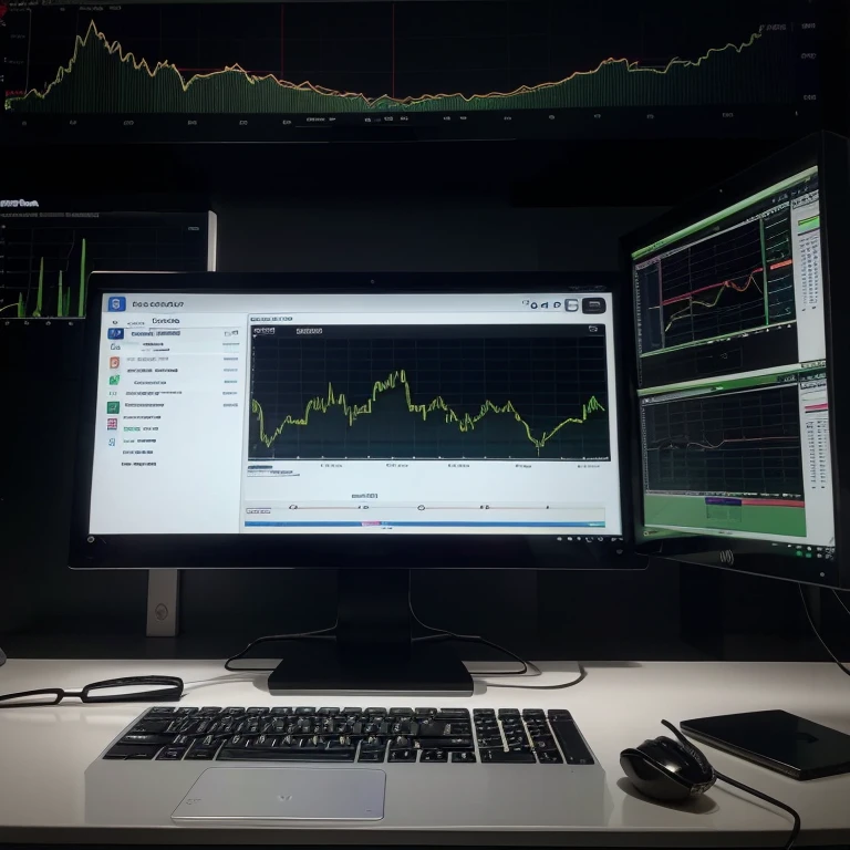 uma mesa com dois monitores de computador, em um computador, em frente ao computador, para o monitor, displaying stock charts, uma mesa de computador, na frente de um computador, trading, trading stocks,