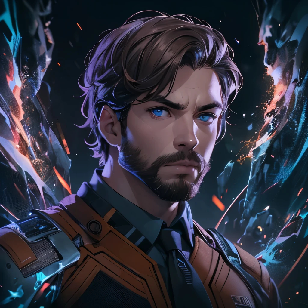 (masterpiece), 8k cg, intricate details, chromatic aberration, ((bust shot)), ((looking at viewer)), 1man (blue eyes, brown hair, parted bangs, John Kransinski, Reid Richards, Fantastic Four Suit), beard, handsome face, frown, 20 year old, absurdres, cinematic lighting, dynamic lighting, fantasy, ((dark background, fog))