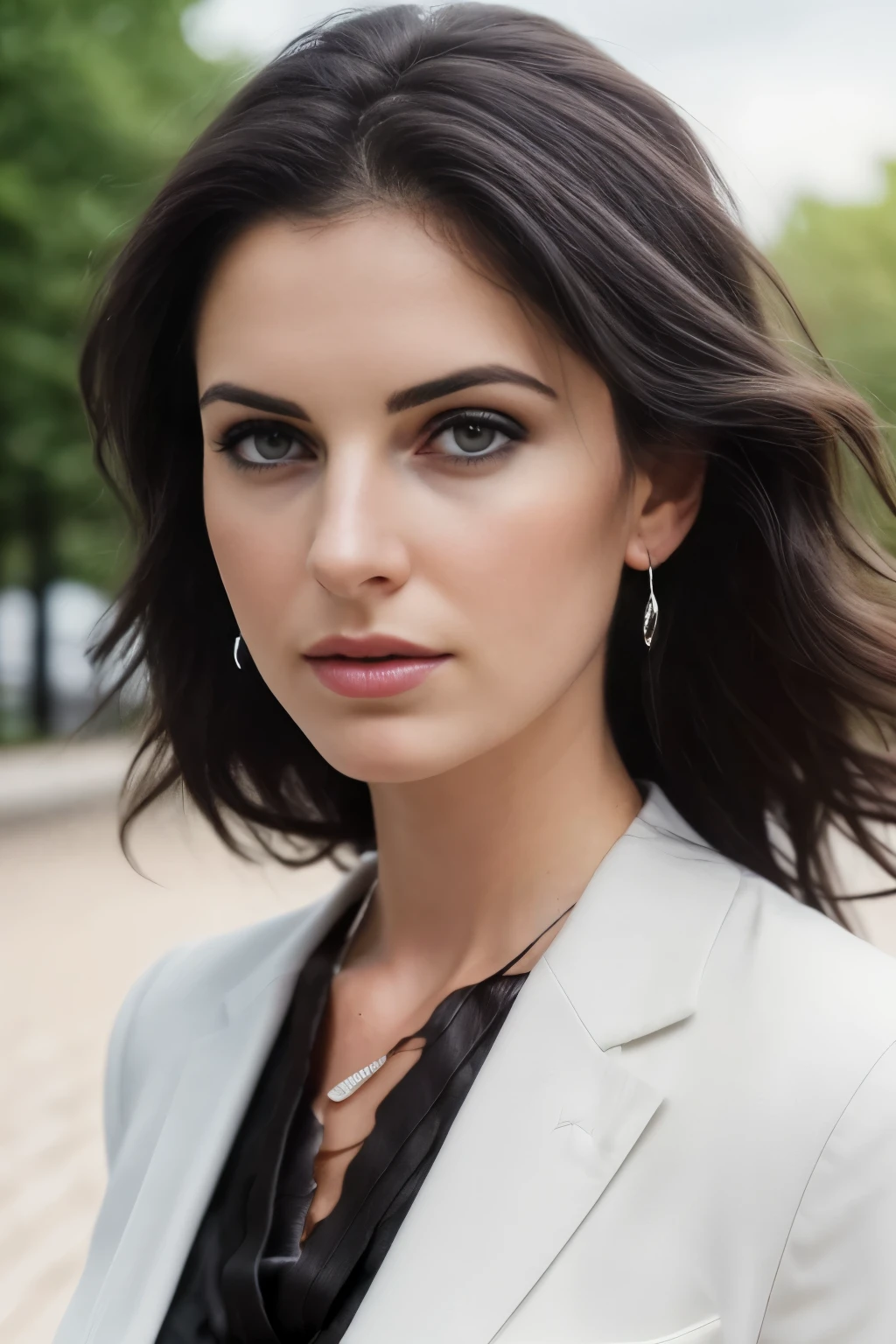 Wavy dark hair, (RAW photo, realism: 1.8), elegant and beautiful business woman on a walkway in london, pale white skin, looking away, wearing black, dark black eye shadow, high quality, high resolution, depth of field, chromatic aberration, caustic, wide light, natural colors,21 year old woman), silver necklace, earrings, beautiful skin,  line, best quality, realist photography for a magazine