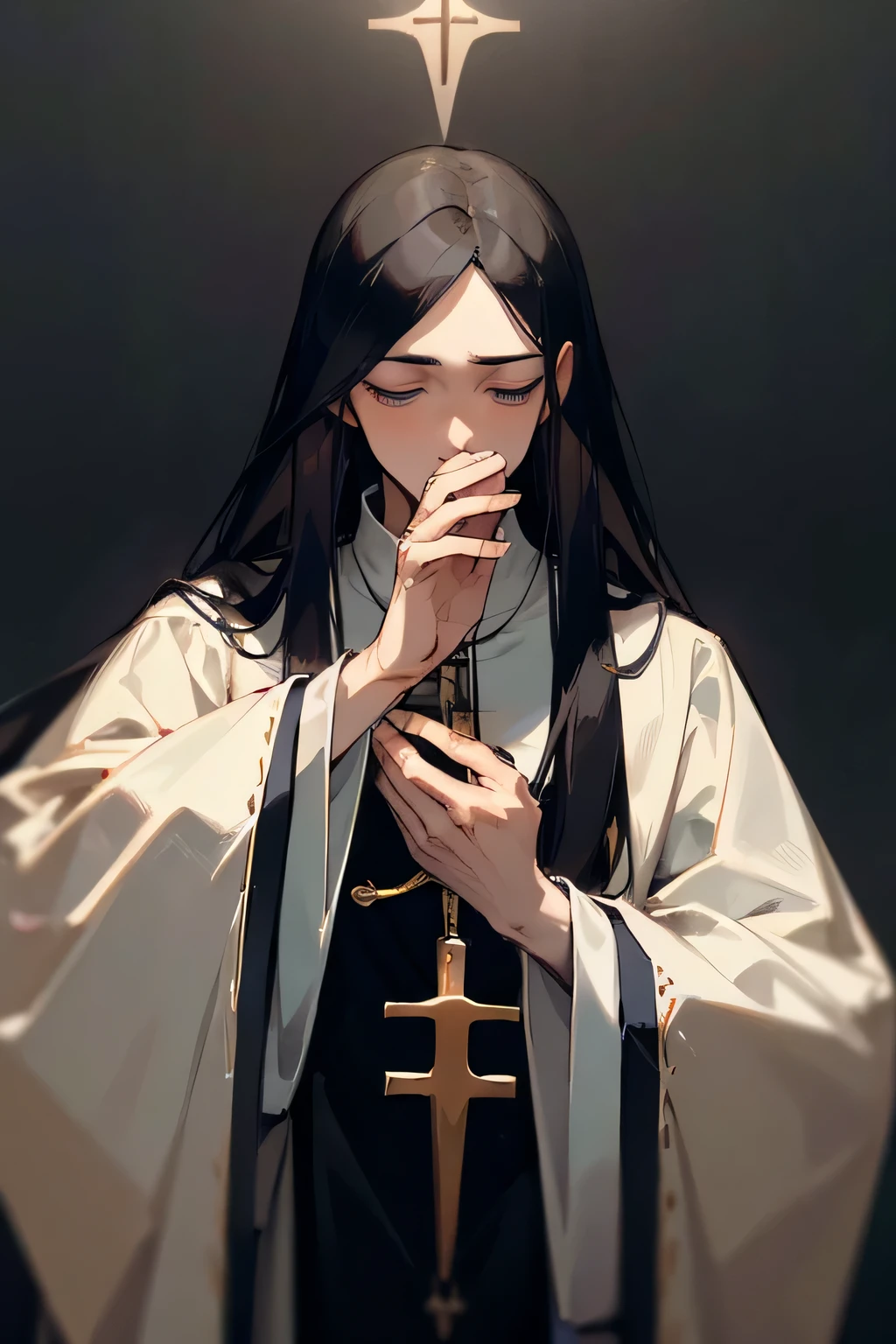 (man, priest, long hair) priest clothing, ultra-detailed,masterpiece:1.2,highres, looking toward, male character, portrait, facing camera, character praying