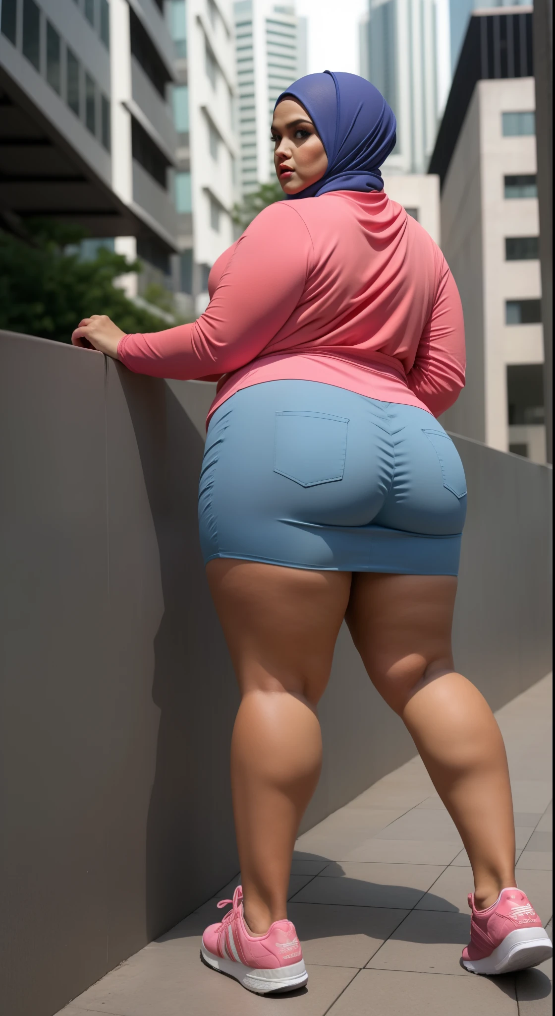 ((HIJAB MALAY GIRL)), ((BBW)), SHORTS, HUGE WIDE BUTT, WIDE BUTT, 63 YEAR OLD METURE women's, METURE women's, (ROSE LIPS), (ADIDAS SNEAKERS), (TIGH SKIRT), , tall buildings in background, twin towers, Kuala Lumpur,(ANGRY FACE EXPRESSION),