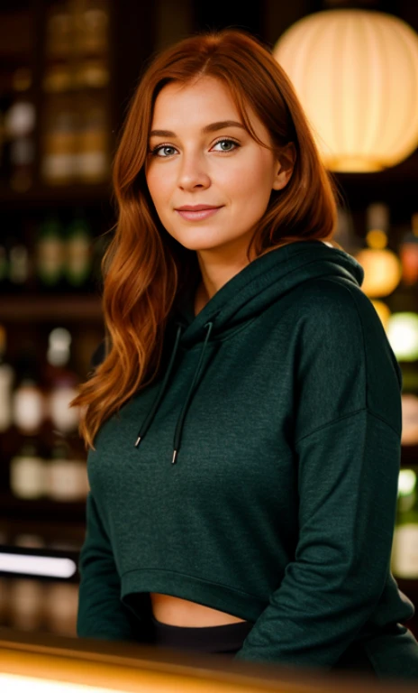 Portrait d'une rousse de 40 ans aux yeux verts, française, gros plan, nombril, cour, vêtue longue en hoodi bleu, en soutien-gorge, gros seins, grosse poitrine, long pantalon cargo noir, au bar, nuit environnement, grain de peau ultra détaillé, sexualité, séduction, regard amoureux, léger sourire, coucher de soleil, imagerie cinématique, 32K, netteté du visage, mains dans les cheveux, tétons durs