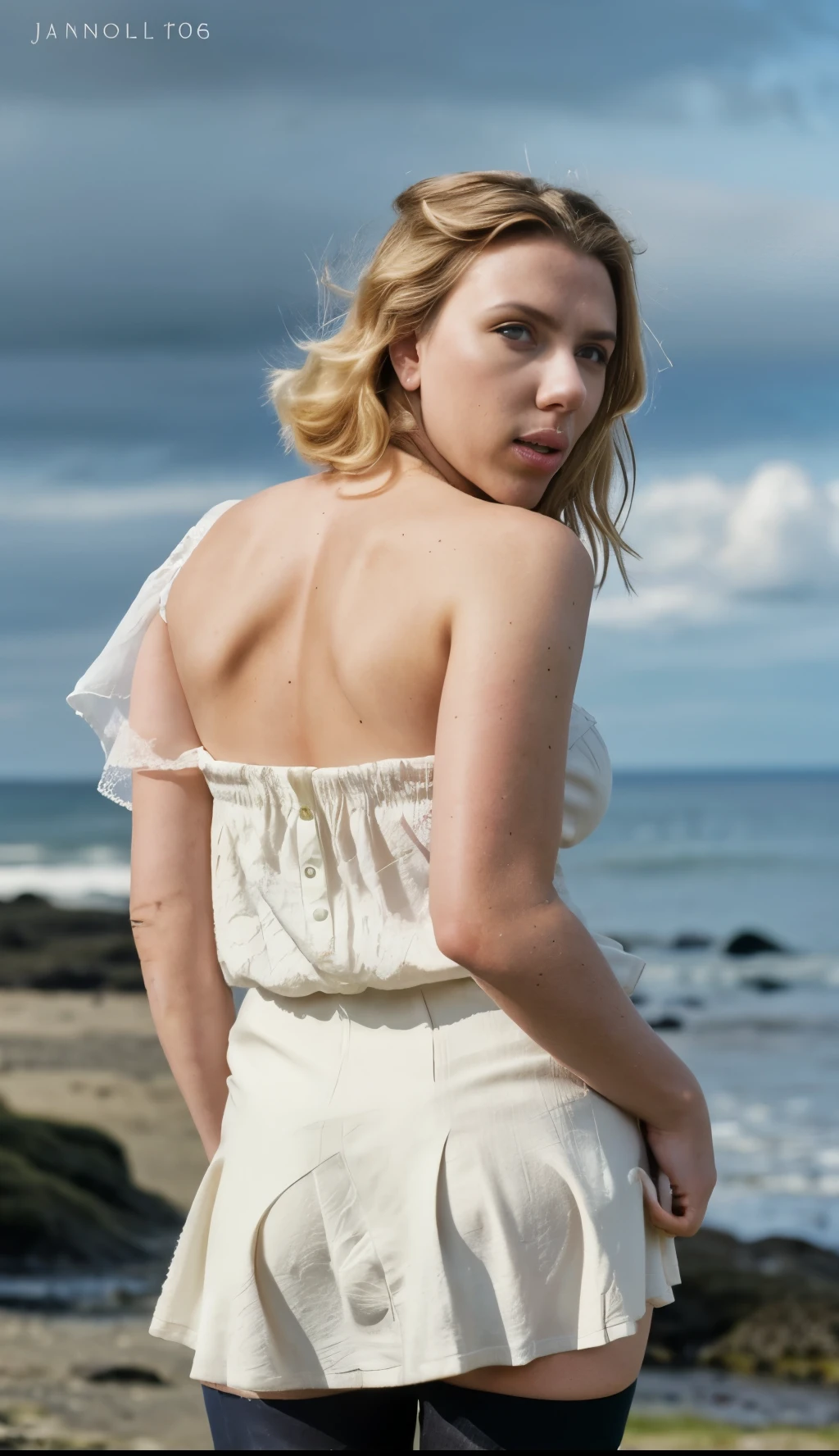 (Photograph of Busty scarlett johansson) (random shit, full body photograph) (insanely detailed skin texture, hyper photorealistic texture, detailed features, depth of field) freckled face blonde hair blonde blown by wind emerald eyes strapless dress modern by Jeremy Lipking by Antonio J. Manzanedo by lee jeffries Nikon D850 film Stock Photography 4 camera kodak portra 400 lens f1.6 rich colors realistic texture hyper realistic dramatic lighting unreal mechanism trend on artstation cinestill 800, fisheye lens, kilt style, windy beach, Scottish loch, forest, ahegao, (head back:1.4)