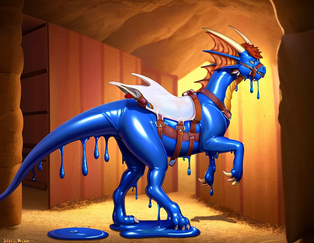 Hd, photorealistic, masterpiece, fantasy, young man struggling to remove the latex rubber goo ooze spreading over his body, morphing into indigo dogwood rose eggshell white rubber dragon mount, wearing riding saddle, bridle, harness, and plate barding, human latex rubber dragon mount hybridization, inside cavern stable for dragons