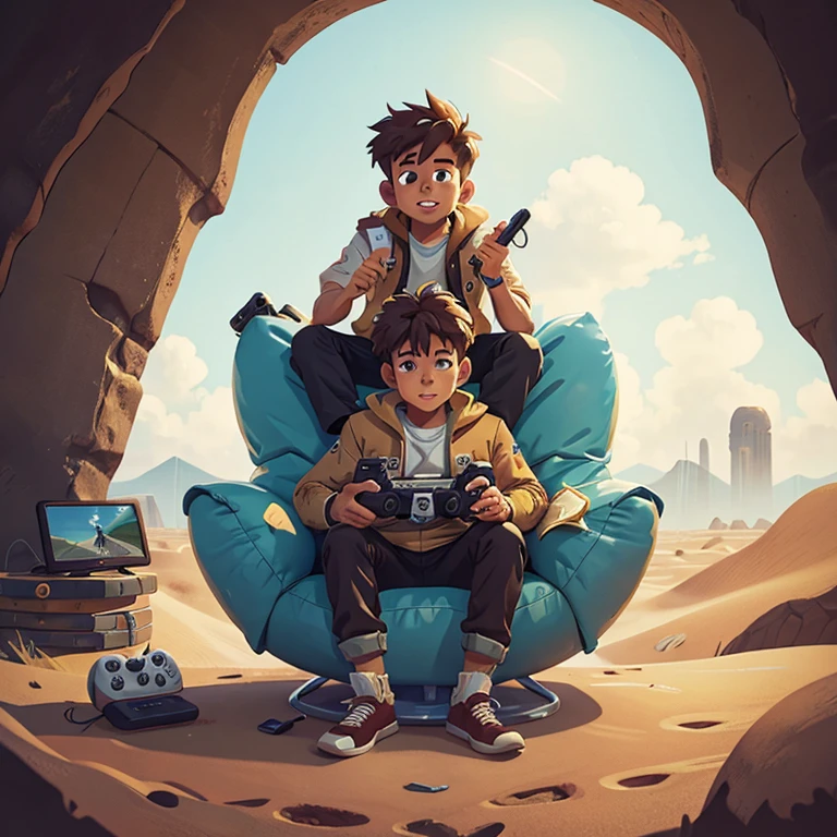 25 years mens sitting on cloud chair in desert and playing video games