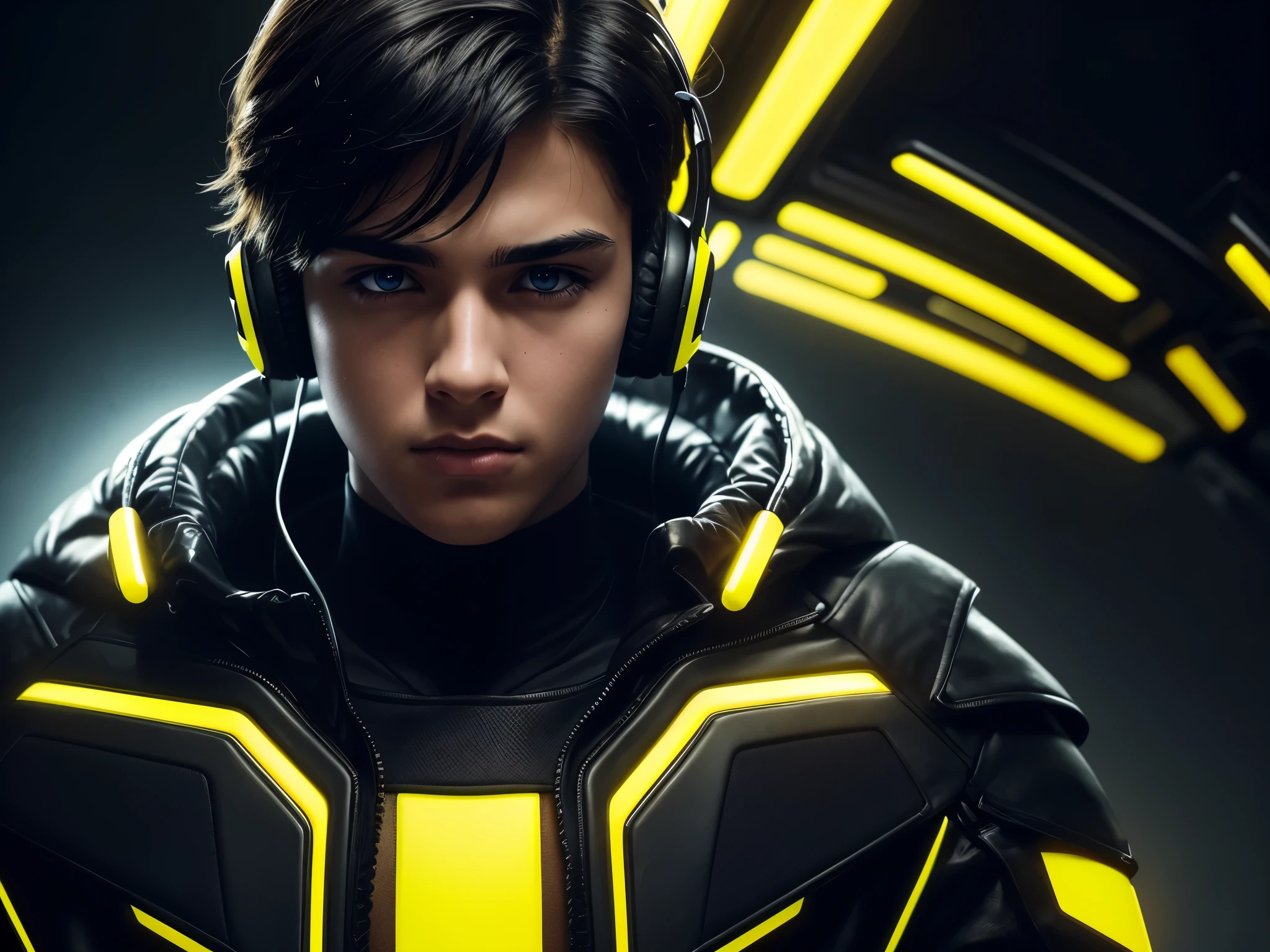 prompt: cg teenage boy using headset, black background, yellow light on face, close-up view, futuristic, digital art, vibrant colors, dramatic lighting, high contrast, ultra-detailed, futuristic technology, intense expression, glossy texture, sharp focus, cyberpunk aesthetic, glowing eyes, futuristic clothing