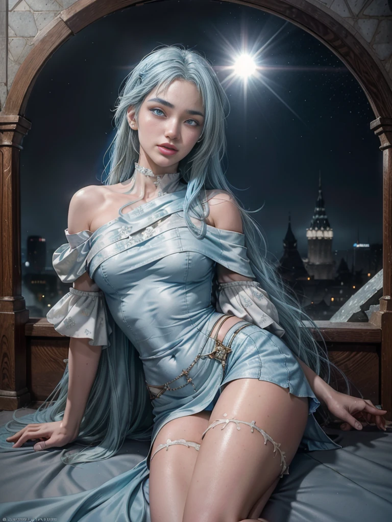 RAW, masterpiece, ultra thin photo, best quality, ultra high resolution, photorealistic, sunlight, (medium full shot:1.5), incredibly beautiful, dynamic poses, delicate face, vibrant eyes, (side view), she is using a long medieval dress, multicolored eyes, (light blue hair:1.5), (beaufiful thigh:1.3), (off-the-shoulder cut top:1.3), medieval city background, highly detailed abandoned, detailed face, detailed and complex busy background, gorgeous, milky white, Highly detailed skin, realistic skin details, visible pores, sharp focus, volumetric mist, moonlight night, 8k UHD, DSLR camera, high quality, film grain, fair skin, photorealism, lomography, expanding metropolis in medieval dystopia, view from below, translucent, (ahegao:1.5), (rolling eyes:1.5), fainting, (legspread), JenniferConnelly90s