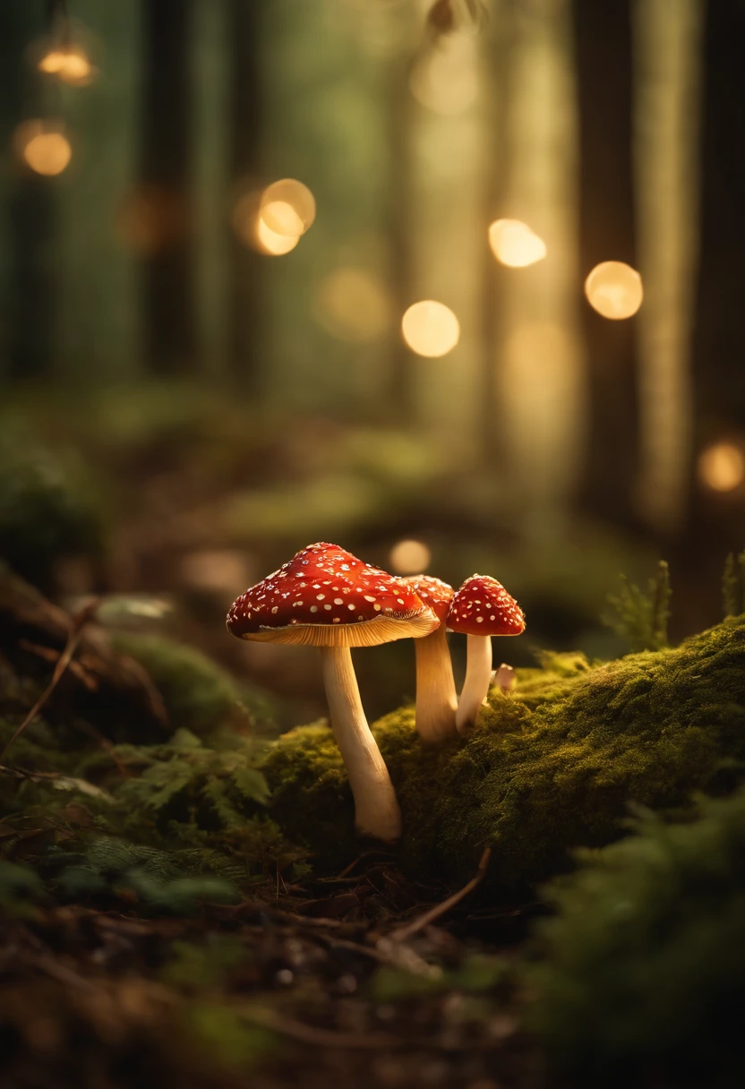A whimsical, fairytale-inspired scene set in a magical forest, where vibrant mushrooms dot the forest floor and woodland creatures adorn the trees with twinkling lights