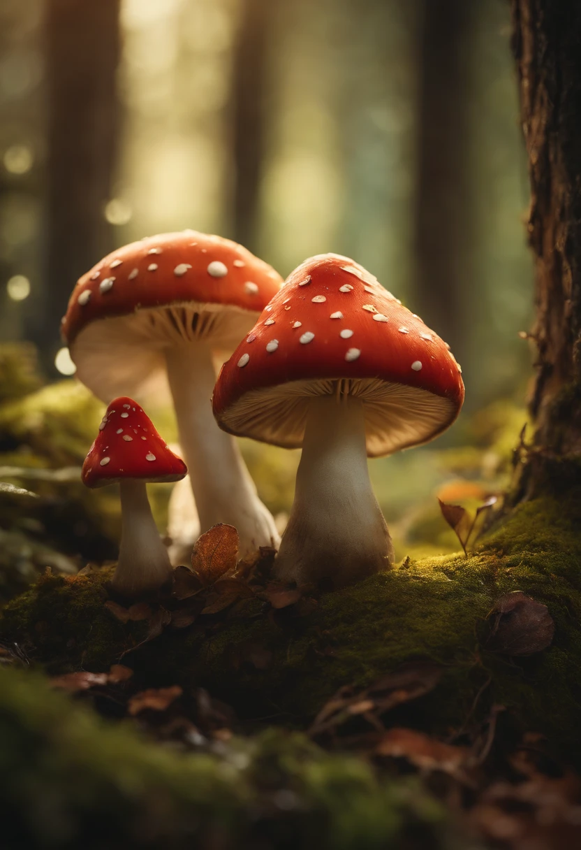 A whimsical, fairytale-inspired scene set in a magical forest, where vibrant mushrooms dot the forest floor and woodland creatures adorn the trees with twinkling lights