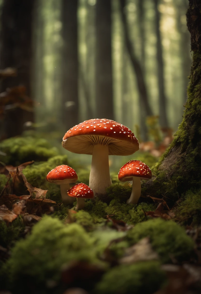 A whimsical, fairytale-inspired scene set in a magical forest, where vibrant mushrooms dot the forest floor and woodland creatures adorn the trees with twinkling lights